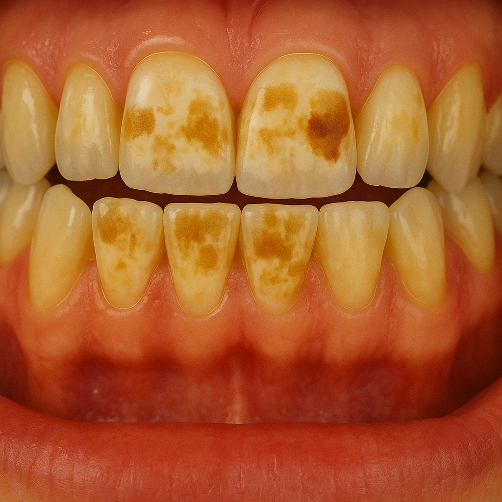 Mittlere Zahnfluorose mit sichtbaren weißen und matten Flecken