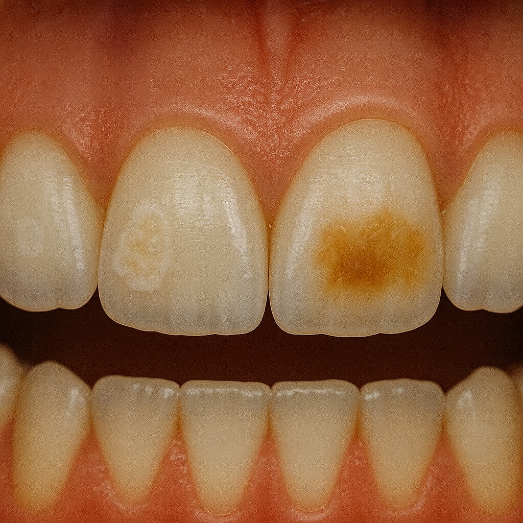 Typische MIH-Veränderungen: poröser Zahnschmelz und gelb-braune Opazitäten an Molaren und Inzisiven
