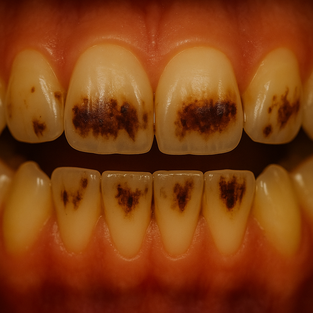 Typische Kaffeeverfärbungen auf dem Zahnschmelz durch regelmäßigen Kaffeekonsum