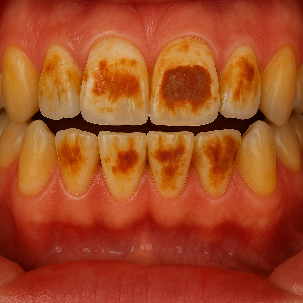Schwere Zahnfluorose mit braunen Flecken und unregelmäßiger Oberfläche